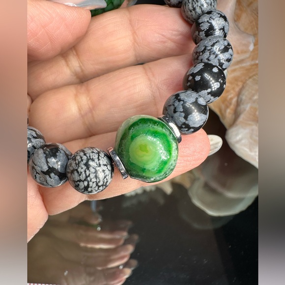 SNOW OBSIDIAN + AGATES NATURAL STONES  BRACELET size 7” - Picture 13 of 14